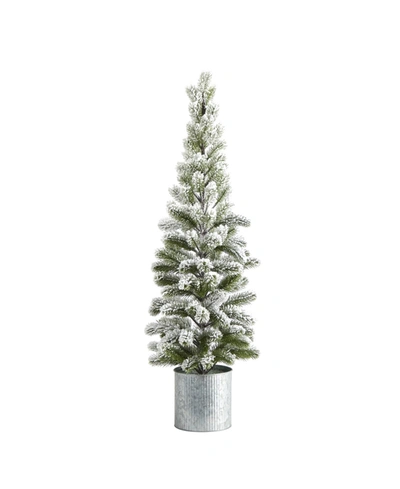 Nearly Natural Flocked Christmas Artificial Pine Tree In Tin Planter In White