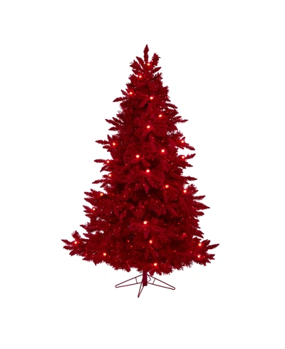 Nearly Natural Flocked Fraser Fir Artificial Christmas Tree With 500 Lights, 40 Globe Bulbs And 1039 Bendable Branc In Red
