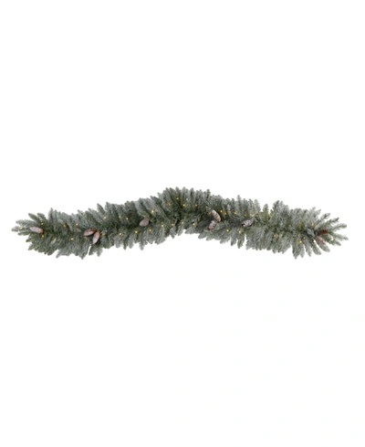 Nearly Natural Frosted Artificial Christmas Garland With Pinecones And 50 Warm Led Lights, 6' In Green