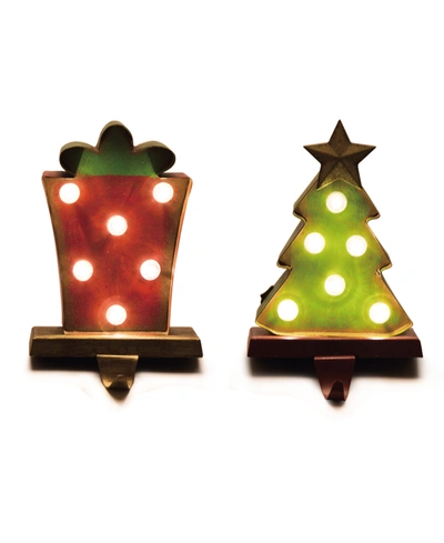 Glitzhome Marquee Led Tree Gift Box Stocking Holder Set Of 2 In Multi