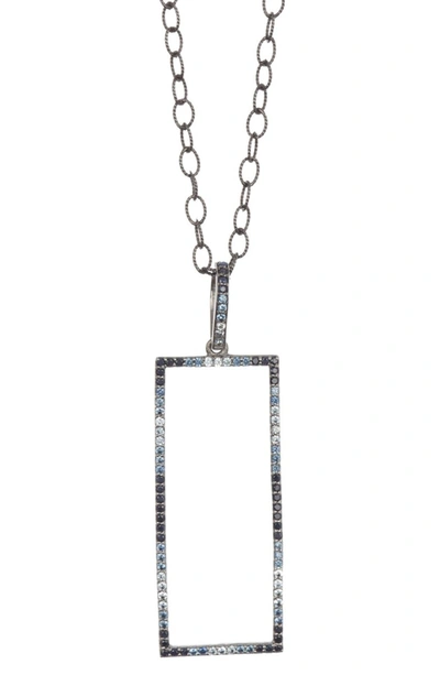 Adornia Fine Black Rhodium Plated Sterling Silver Pave Sapphire Open Rectangle Pendant Necklace In Blue