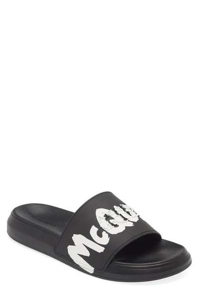 Alexander Mcqueen Graffiti Logo Slide Sandal In Black