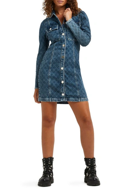 River Island Button Front Long Sleeve Denim Dress In Medium Denim