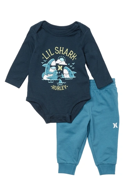 Hurley Lil' Shark Bodysuit & Joggers Set In Armory Navy