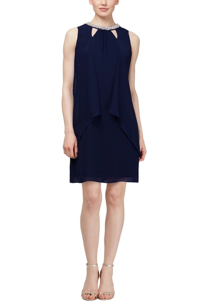 Slny Tiered Embellished Scoop Neck Dress In Blue