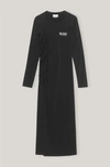 Ganni Long Sleeve Software Light Stretch Jersey Fitted Long Sleeve Midi Dress In Black