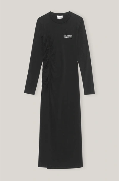 Ganni Long Sleeve Software Light Stretch Jersey Fitted Long Sleeve Midi Dress In Black In Black