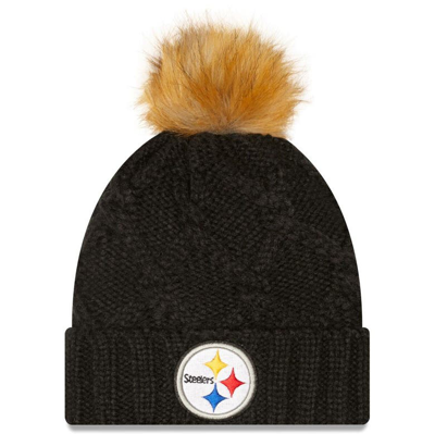 New Era Women's Black Pittsburgh Steelers Luxe Cuffed Knit Hat With Pom