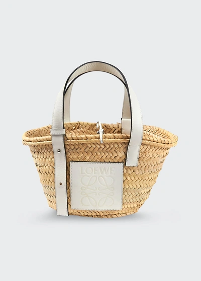 Loewe X Paula's Ibiza Basket Small Bag In Palm Leaf With Leather Handles In White
