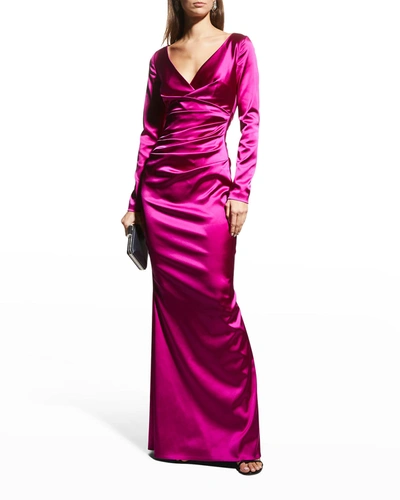 Talbot Runhof Long-sleeve Draped Satin Duchesse Gown In Razzmatazz384