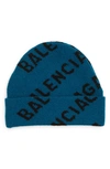 Balenciaga Woman Petrol Green Beanie With All-over Logo In Petrol Blue & Black