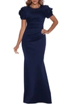 Xscape Petite 3d-flower Short-sleeve Side-pleated Gown In Midnight