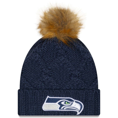 New Era Women's College Navy Seattle Seahawks Luxe Cuffed Knit Hat With Pom