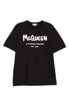 Alexander Mcqueen Unisex Graffiti Glitter Logo Cotton Graphic Tee In Black/ White