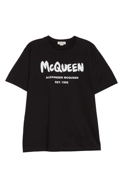 Alexander Mcqueen Unisex Graffiti Glitter Logo Cotton Graphic Tee In Black/ White