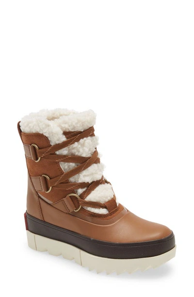 Sorel Joan Of Arctic Leather Faux-fur Snow Booties In Velvet Tan/chalk