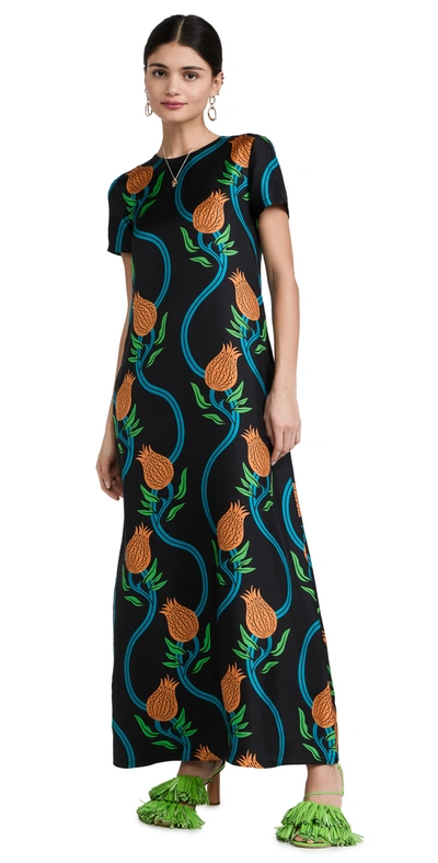 La Doublej Floral-print Silk Midi Swing Dress In Melograno Nero