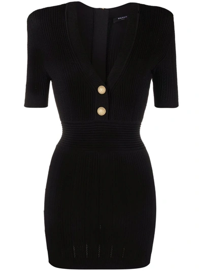 Balmain Ribbed-knit Short-sleeve Dress In Black
