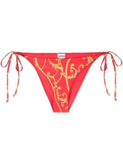 Ganni Red Baroque-print Bikini Bottoms