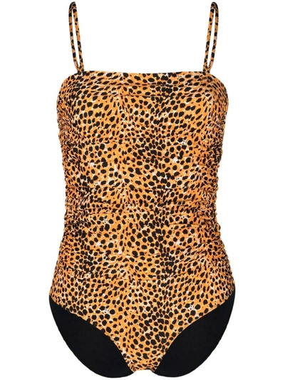 Ganni Animal-print One-piece Swimsuit In Bright Marigold