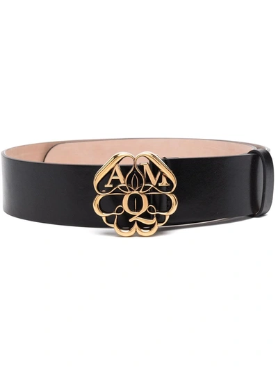 Alexander Mcqueen Seal Buckle Leather Belt In Black