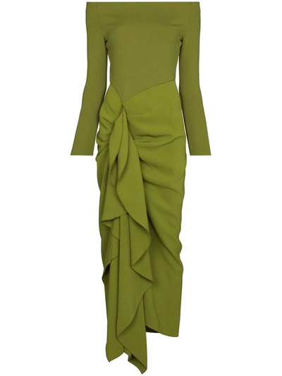 Solace London Lotus Off-shoulder Maxi Dress In Green