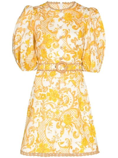 Zimmermann Postcard Raffia And Crochet-trimmed Cutout Printed Linen Mini Dress In Yellow
