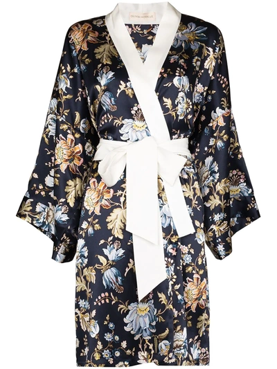 Olivia Von Halle Mimi Odile Floral-print Dressing Gown In Blue
