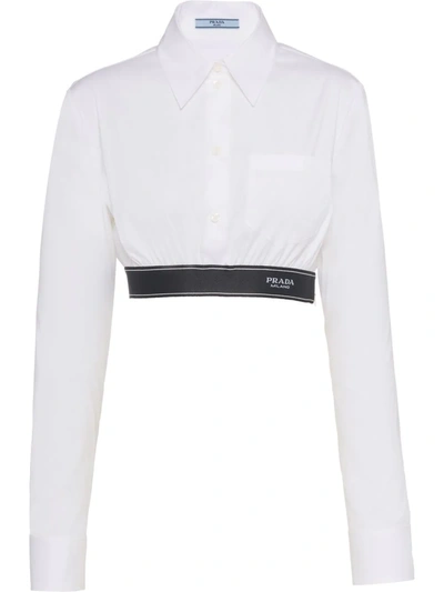 Prada Logo-trim Stretch-poplin Cropped Shirt In White