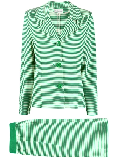 Pre-owned Saint Laurent 1990s Striped Single-breasted Skirt Suit In Green