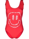 Ganni Red One-piece Swimsuit With Smile Print In Red