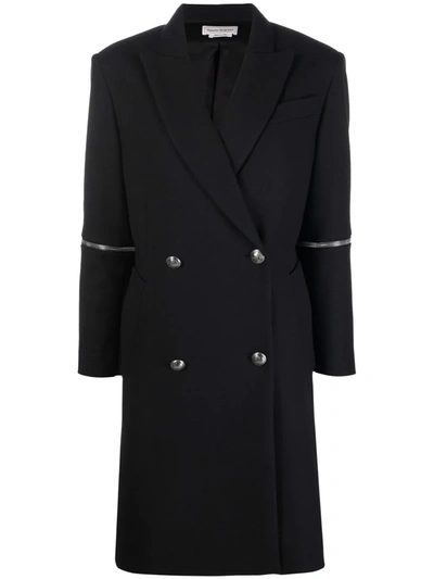 Alexander Mcqueen Double-breasted Zip-detailed Wool Coat In Black