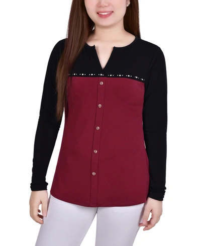 Ny Collection Women's Studded Color Blocked Split Neck Top In Wine