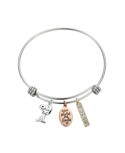 Peanuts Tri-tone Snoopy "you Make Me Smile" Stainless Steel Adjustable Bangle In Open Pink/silver