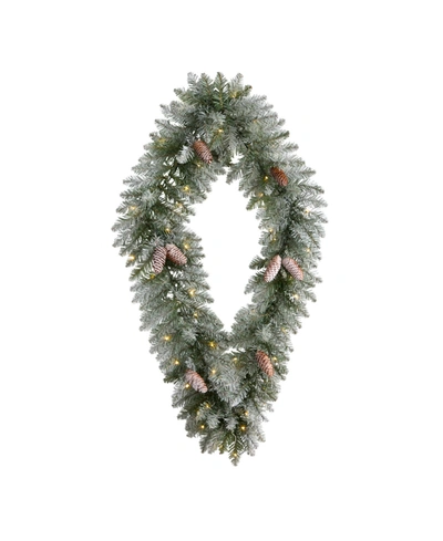 Nearly Natural Holiday Christmas Geometric Diamond Frosted Wreath With Pinecones And 50 Warm Led Lights, 3' In Green