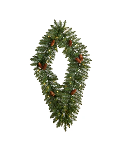 Nearly Natural Holiday Christmas Geometric Diamond Wreath With Pinecones And 50 Warm Led Lights, 3' In Green