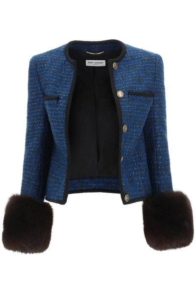 Saint Laurent Blue Tweed Jacket With Faux Fur Cuffs In Blue,black