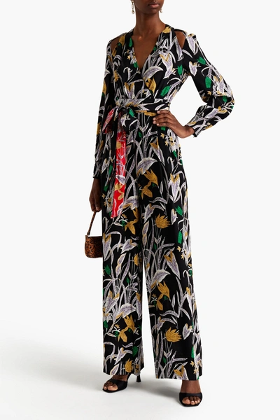 Diane Von Furstenberg Hesy Cutout Printed Silk Crepe De Chine Wide-leg Jumpsuit In Black