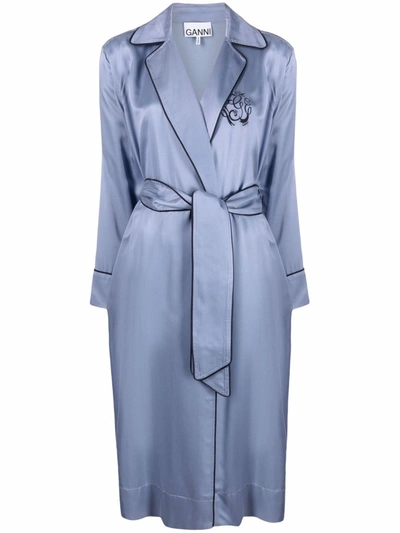 Ganni Embroidered Logo Dressing Gown In Light Blue