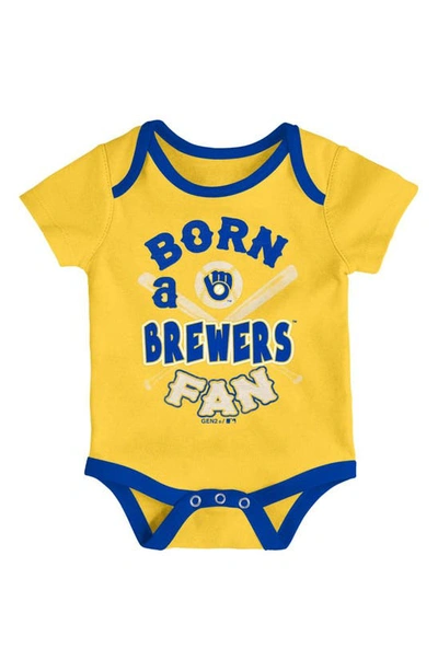 Outerstuff Babies' Newborn Royal/gold/cream Milwaukee Brewers Three-pack Number One Bodysuit