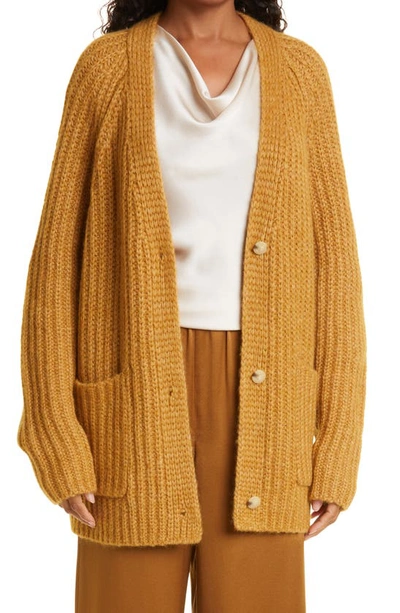 Vince Ribbed Pocket Alpaca-blend Cardigan In Braun