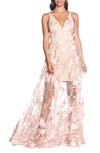 Dress The Population Sidney Deep V-neck 3d Lace Gown In Blush