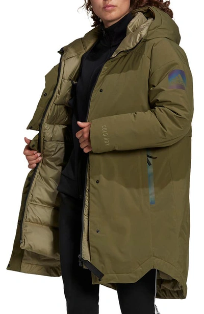 Adidas Originals Myshelter Cold.rdy Waterproof Down Parka In Focus Olive/ Orbit Green