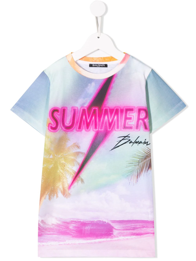 Balmain Kids' Summer Print T-shirt In Pink