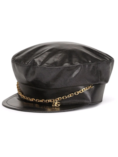 Dolce & Gabbana Baker Boy Hat With Dg Logo Chain In Black