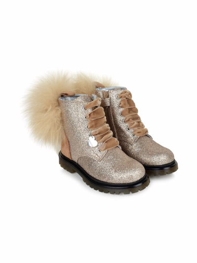 Monnalisa Teen Glitter Lace-up Ankle Boots In Neutrals