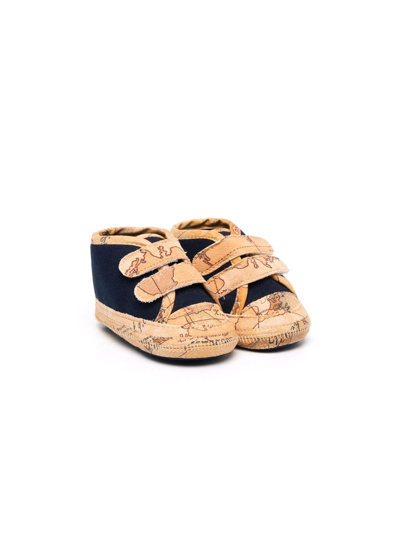Alviero Martini Babies' Map-print Touch-strap Trainers In Blue