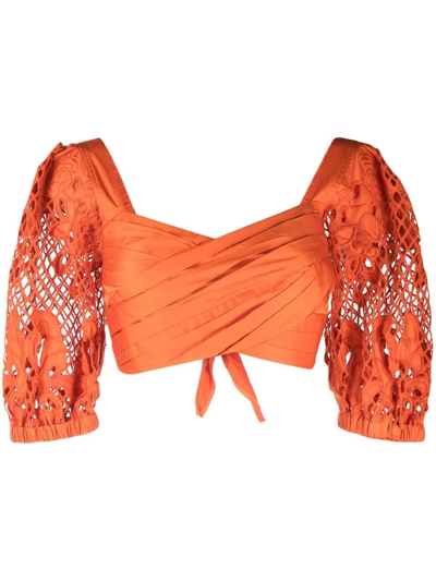 Self-portrait Lace Puff-sleeves Crossover Cropped Top In Orange