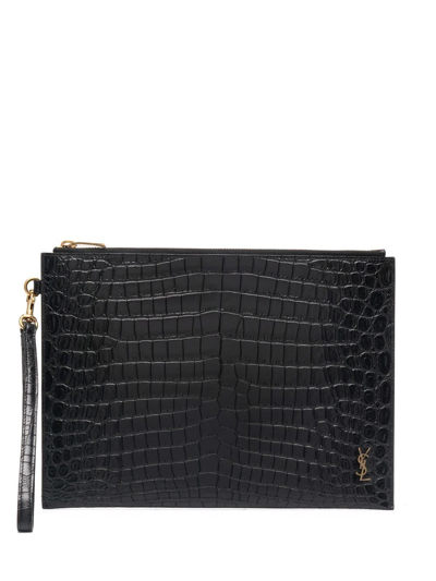 Saint Laurent Ysl-plaque Crocodile-effect Leather Pouch In Black