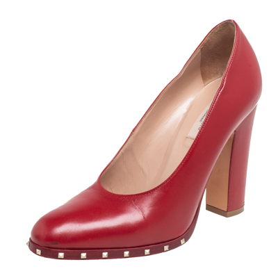 Pre-owned Valentino Garavani Red Leather Soul Rockstud Block Heel Pumps Size 37.5